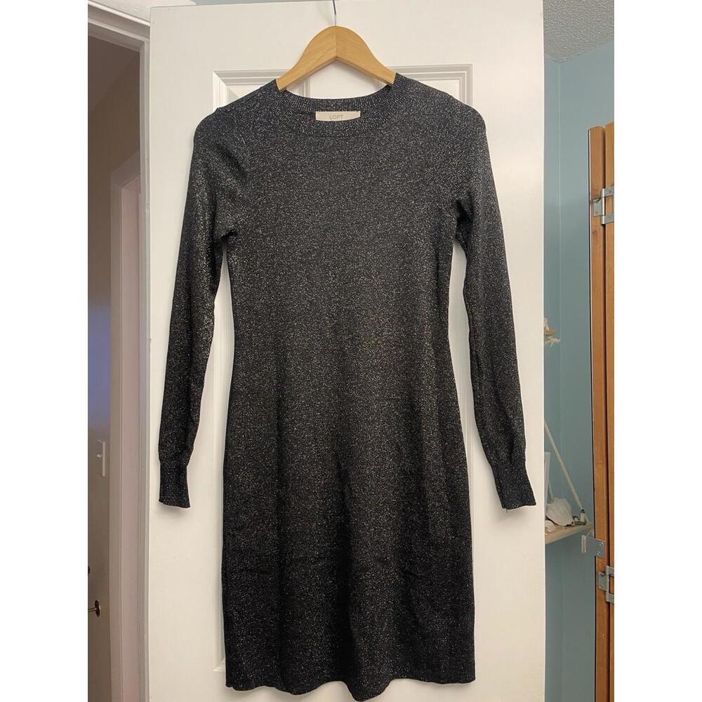 LOFT Black with Gold Metallic Sparkle Long Sleeve Sheath Dress XS EXCELLENT